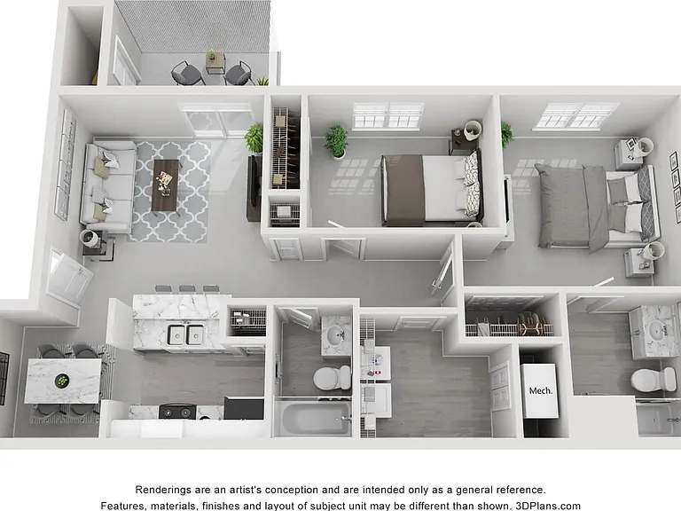 A 3D rendering of The Bickley, our 2 bedroom 2 bathroom floor plan