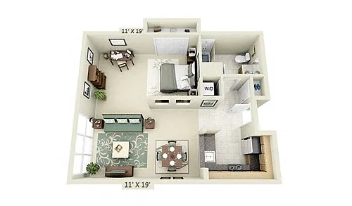 Floor plan Studio + 1 Bath