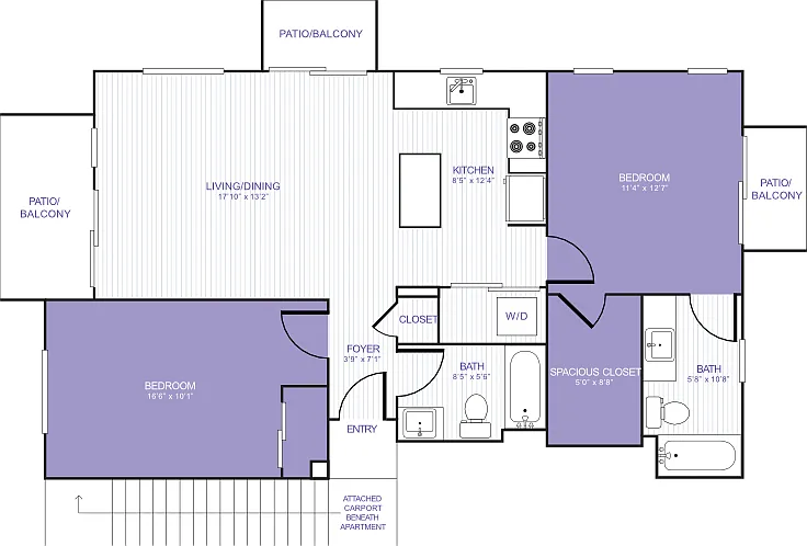 2 Bed 2 Bath 22D Floorplan Diagram