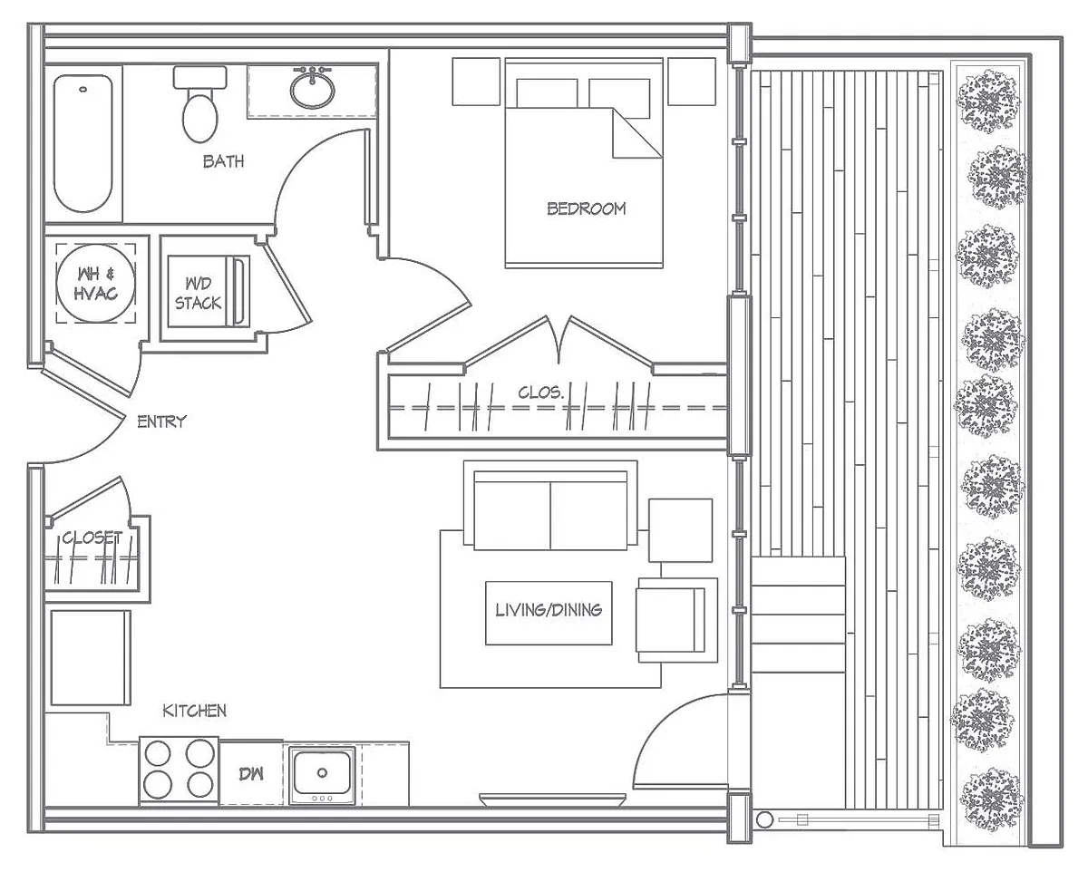 Floor plan 1Bed-1Bath (1B1O)