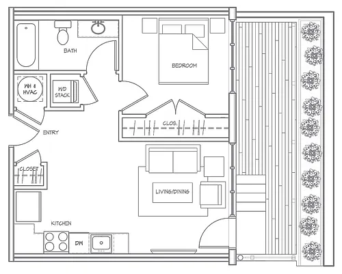 Floor plan 1Bed-1Bath (1B1O)