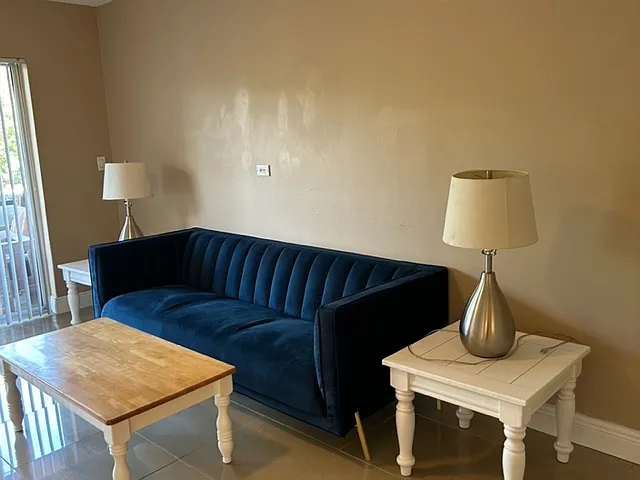 furnished living room with couch and three tables
