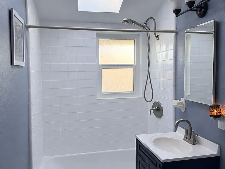 Common bathroom with tall shower head, Moein shower handle, and skylight