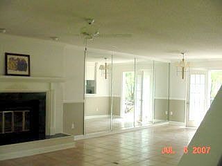 Fireplace and french doors to deck
