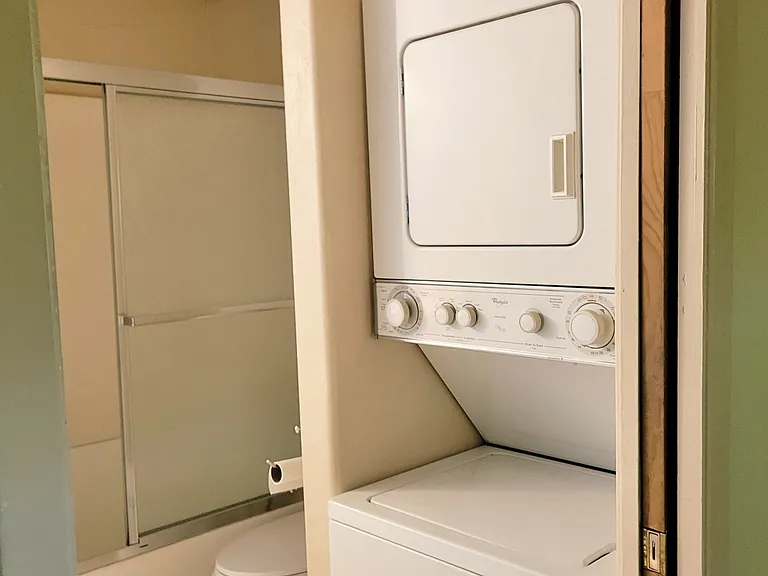 Primary bathroom and stackable washer/dryer
