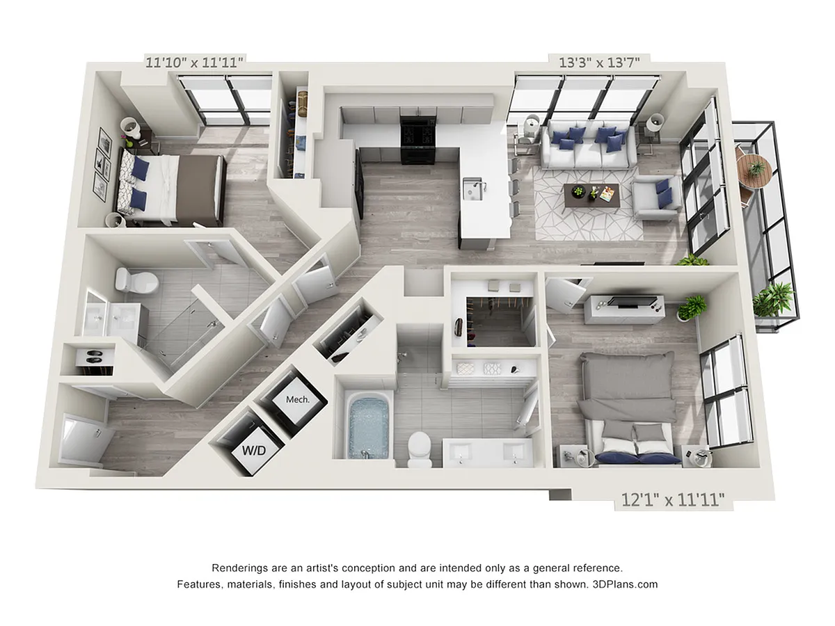 Floor plan Two Bedroom Two Bath (1,147 SF)
