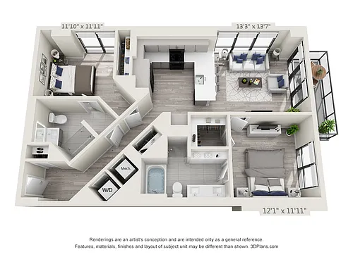 Floor plan Two Bedroom Two Bath (1,147 SF)