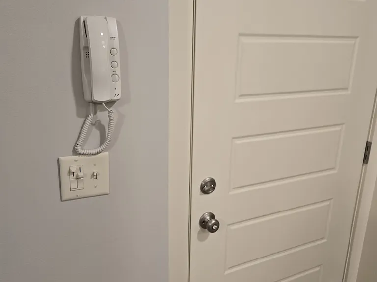 Apt front door with intercom and hall door release for visitors and deliveries