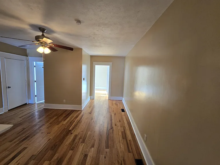 Living room and entrances to the kitchen and bathroom