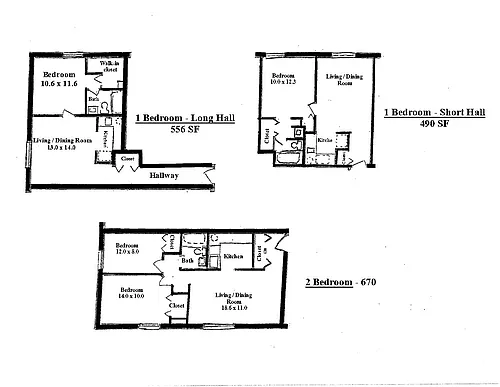 Floor plan Oak Creek - 1 Bedroom - Short Hall