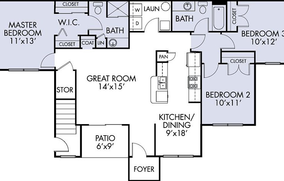 Three bed-two bath floorplan