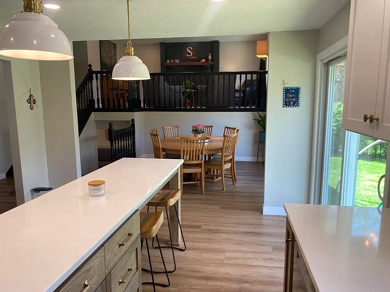 View from kitchen to dining and living