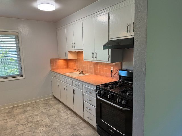 The well-lit original tiled counter and solid wood cabinets provide ample storage and work space. there is new vinyl flooring in the kitchen and new blinds throughout the apartment.