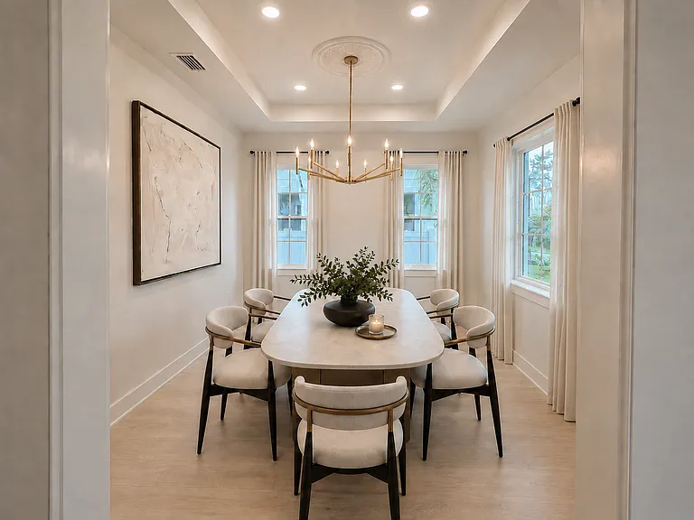 Dining Room- Virtually staged with Arhaus marble dining table and chairs to be delivered mid-August.