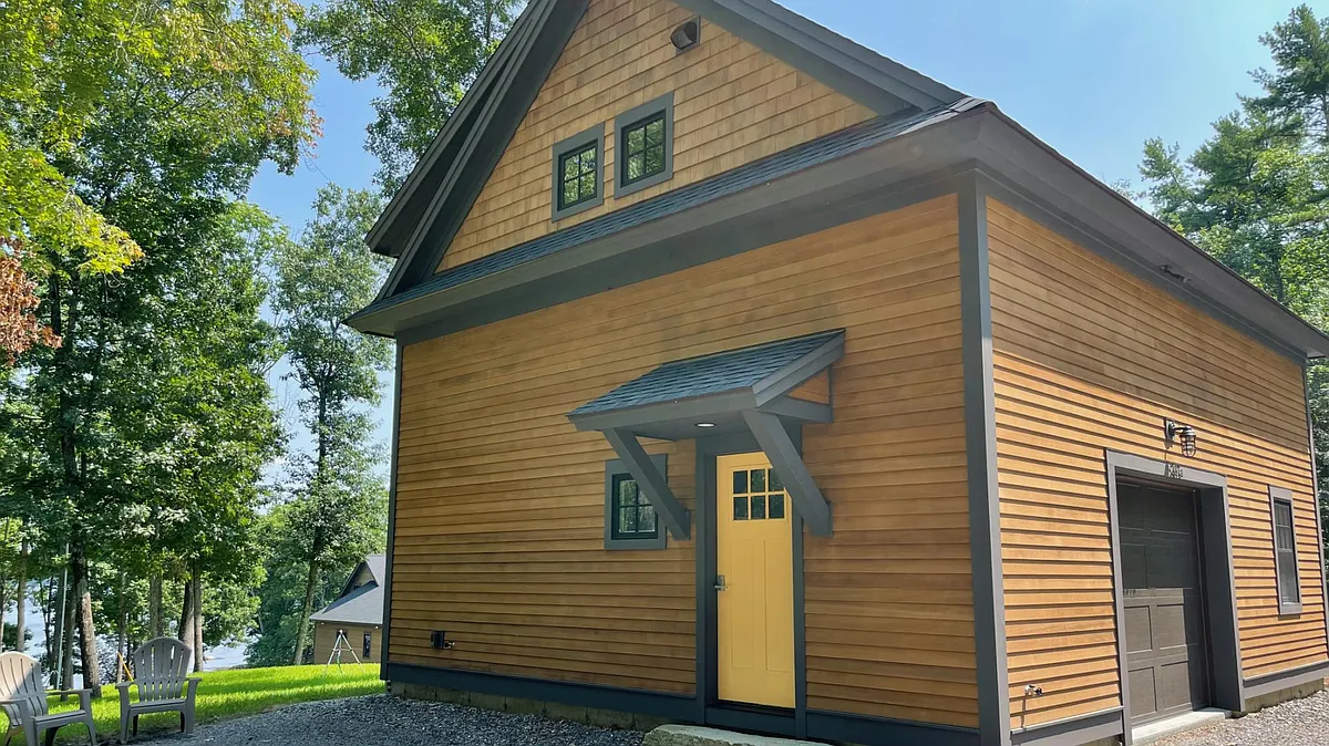 Entrance, garage, and a view of Little Bay (Great Bay) with owner's home in background - Durham Point Rd