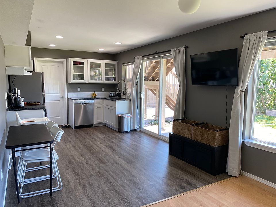 Kitchen/Dinning Area with Access to patio to your right, and bathroom straight ahead.