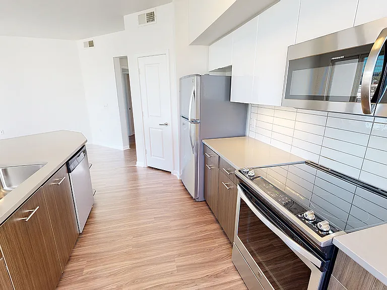 Apartment kitchen with stainless steel appliances, quartz countertops and wood-style flooring.