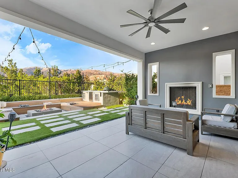 California covered patio room with gas fireplace