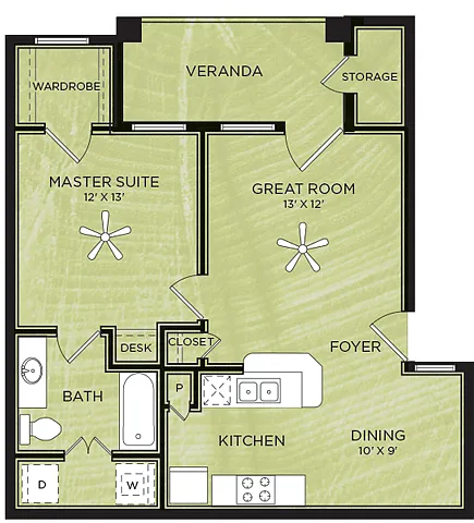Floor plan A2: 1 Bed 1 Bath