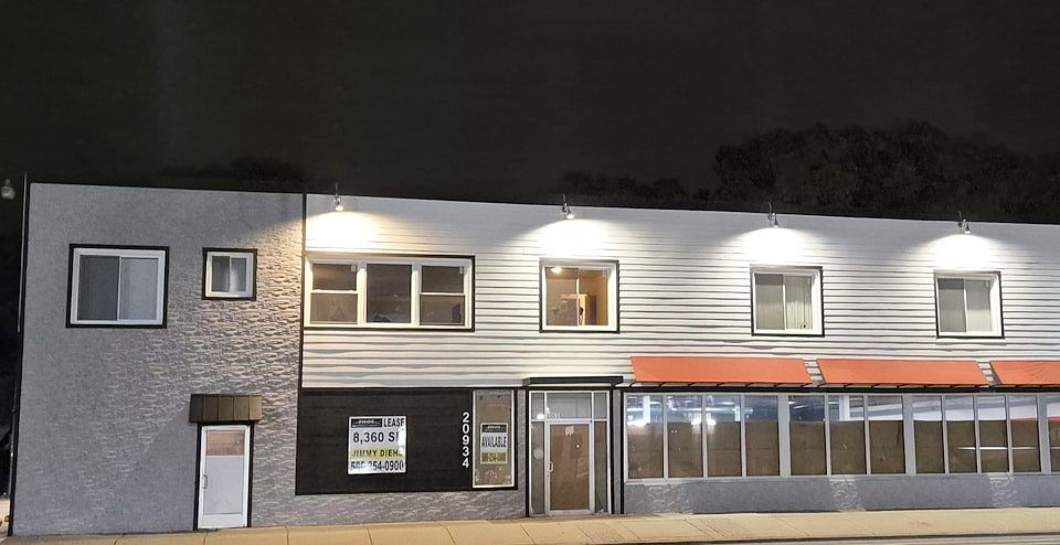 Nighttime view of the front facing Van Dyke Avenue