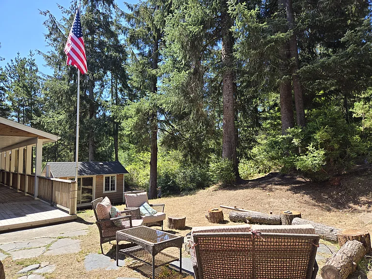 Wooded back yard with firepit