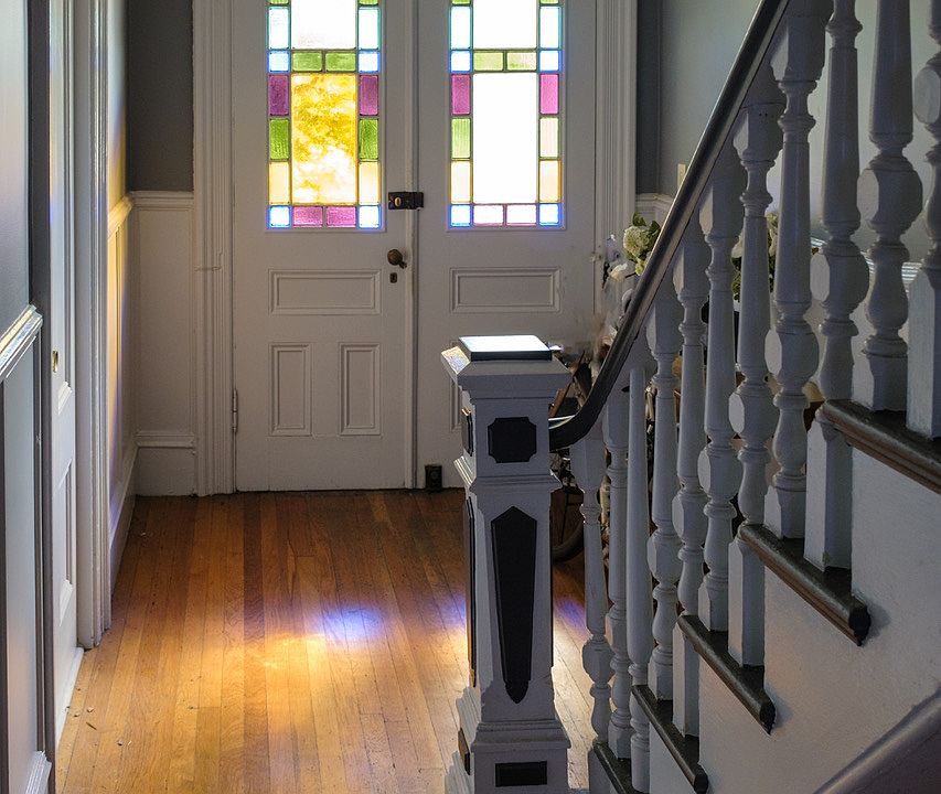 Beautiful stained glass front doors, daytime