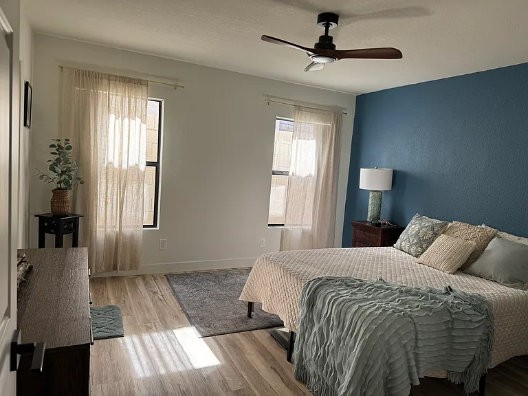 Master Bedroom with 3/4 bath. Queen sized bed. Dresser and 2 closets with full mirrors.