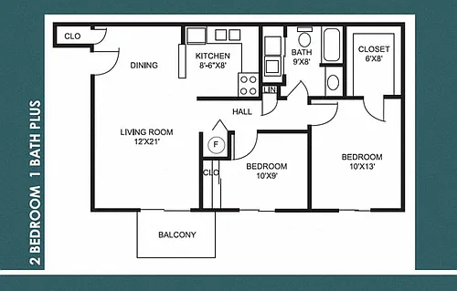 Floor plan 2 BR 1BA WD