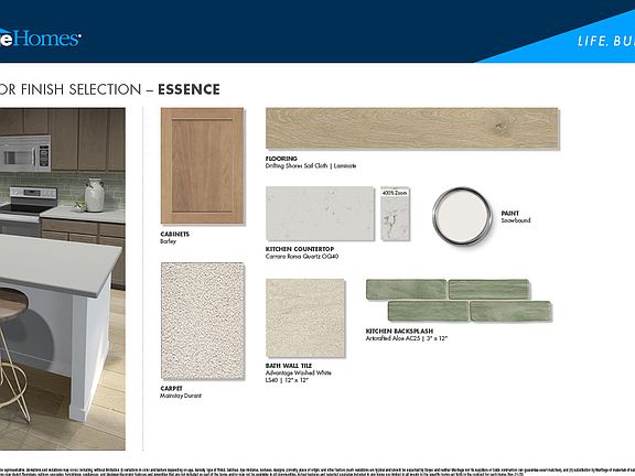 Barley-colored cabinets, quartz countertops, and an aloe green backsplash