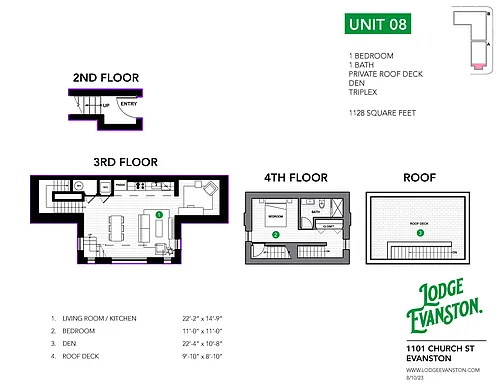 Floor plan one bedroom duplex w private roof deck