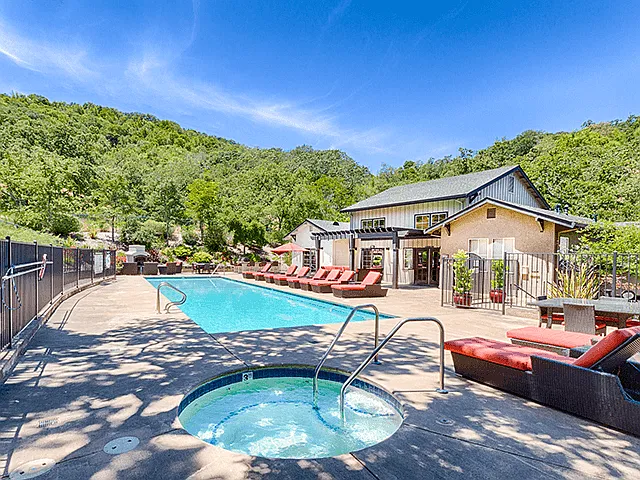 Sparkling swimming pool and soothing spa at Crooked Oak at Loma Verde Preserve, California, 94949