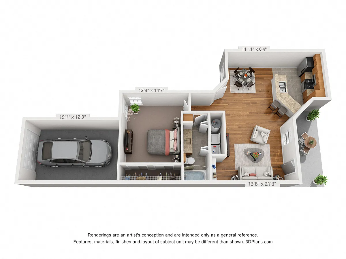 Floor plan 1 Bedroom W/ 1 Car Garage