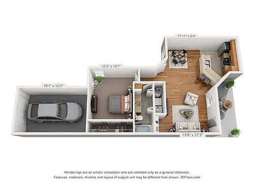 Floor plan 1 Bedroom W/ 1 Car Garage