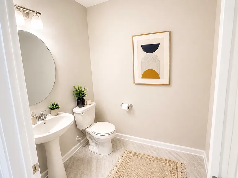 Half bathroom on main floor with a spacious storage closet