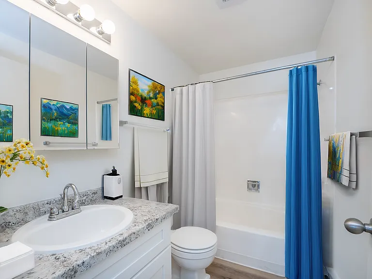Fresh, modern Tacoma bathroom with upgraded countertop and full tub. Fresh, modern Tacoma bathroom with upgraded countertop and full tub.