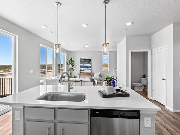 A view of the great room from the kitchen island