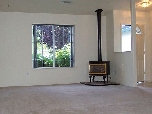 Living room with freestanding gas fireplace