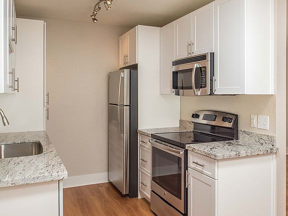 Modern kitchen with stainless steel appliances and granite countertops