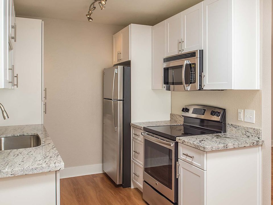 Modern kitchen with stainless steel appliances and granite countertops