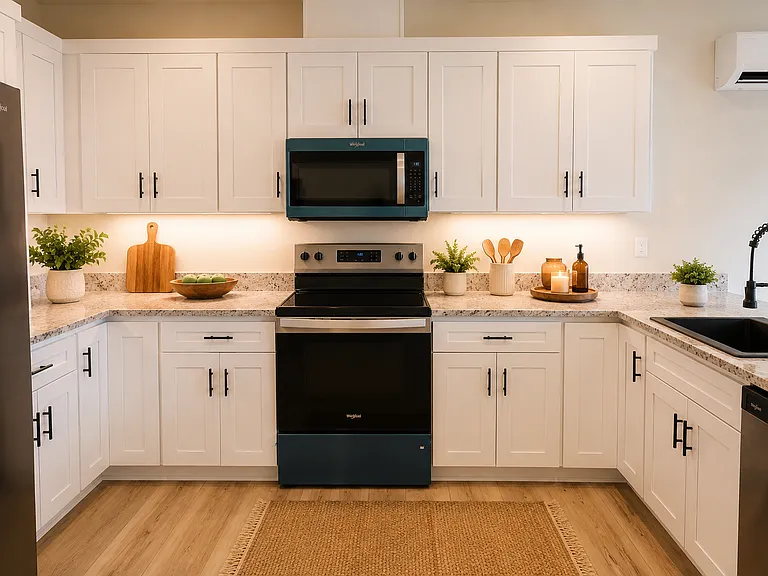 Lots of cabinet space.
Images are rendered with AI to show potential layout and staging.