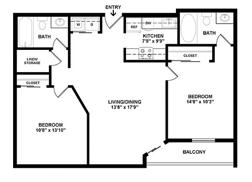 Floor plan 2 Bedroom with Washer Dryer