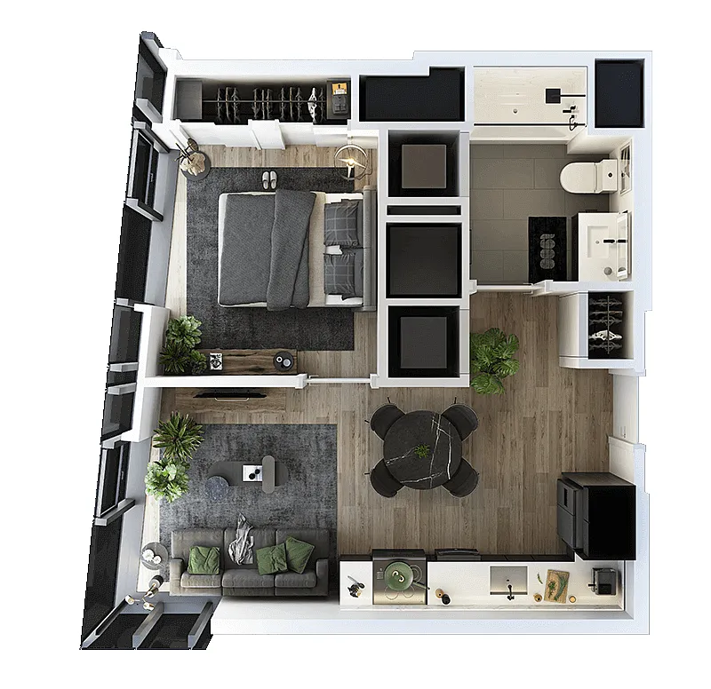 Floor plan 1 Bed-1 Bath-T-2