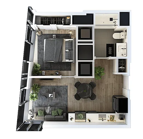 Floor plan 1 Bed-1 Bath-T-2