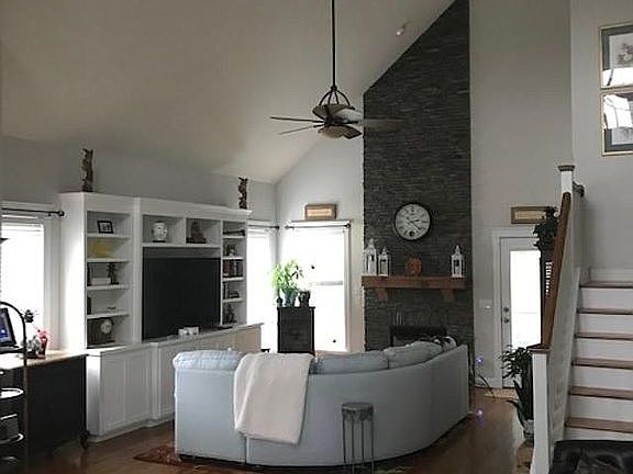 Stacked stone fireplace