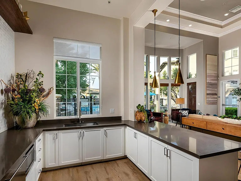 Open Kitchen Area with Sleek Counters and Modern Pendant Lighting