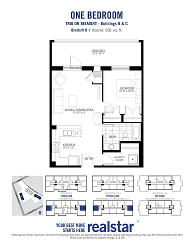 Floor plan 1 Bed 1 Bath (Bluebell B)