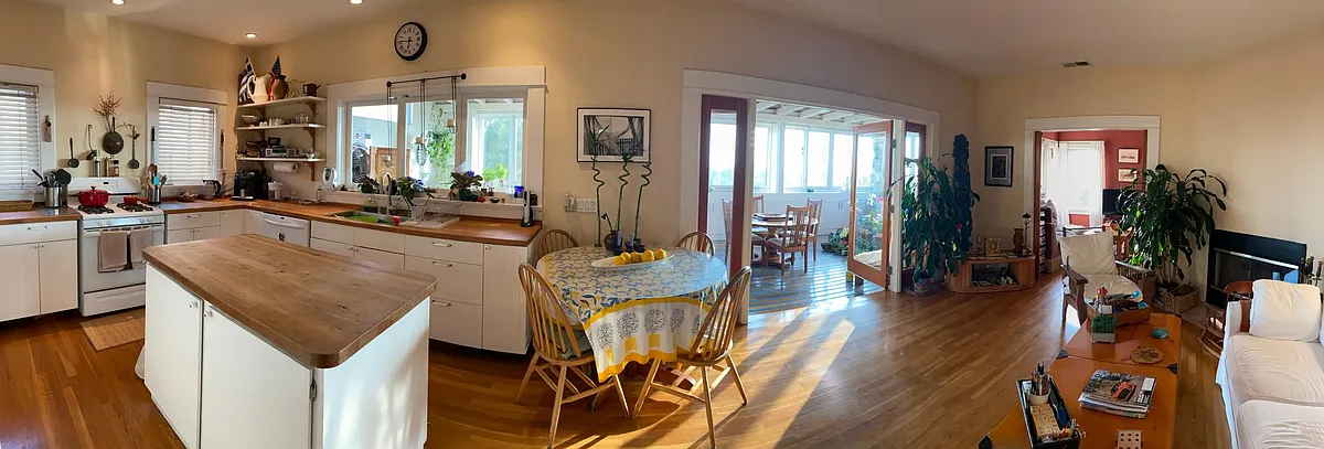 Kitchen, Great Room with fireplace, Media room/library looking onto west-facing porch. - 4th St