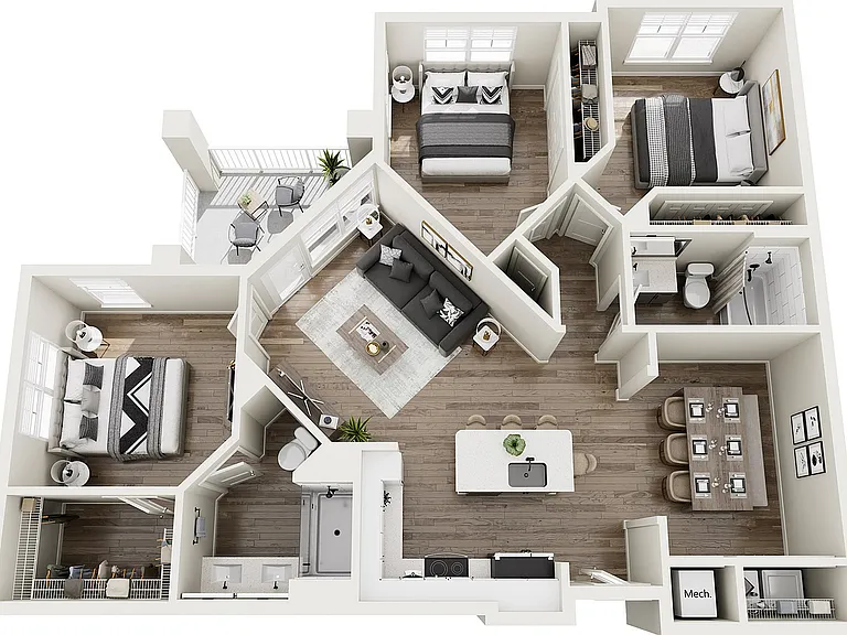The Nile, 3/2, 1392 SF | A spacious 3D floor plan showcasing a spacious design with three bedrooms, open-concept living area, sleek kitchen, and a cozy balcony. The Nile, 3/2, 1392 SF | A spacious 3D floor plan showcasing a spacious design with three bedr