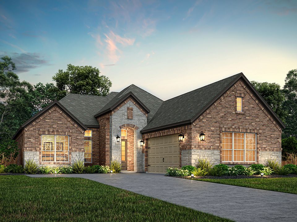 Dusk rendering of the Belzer plan, showcasing stone and brick.