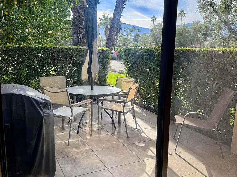 Patio with view of mountains.